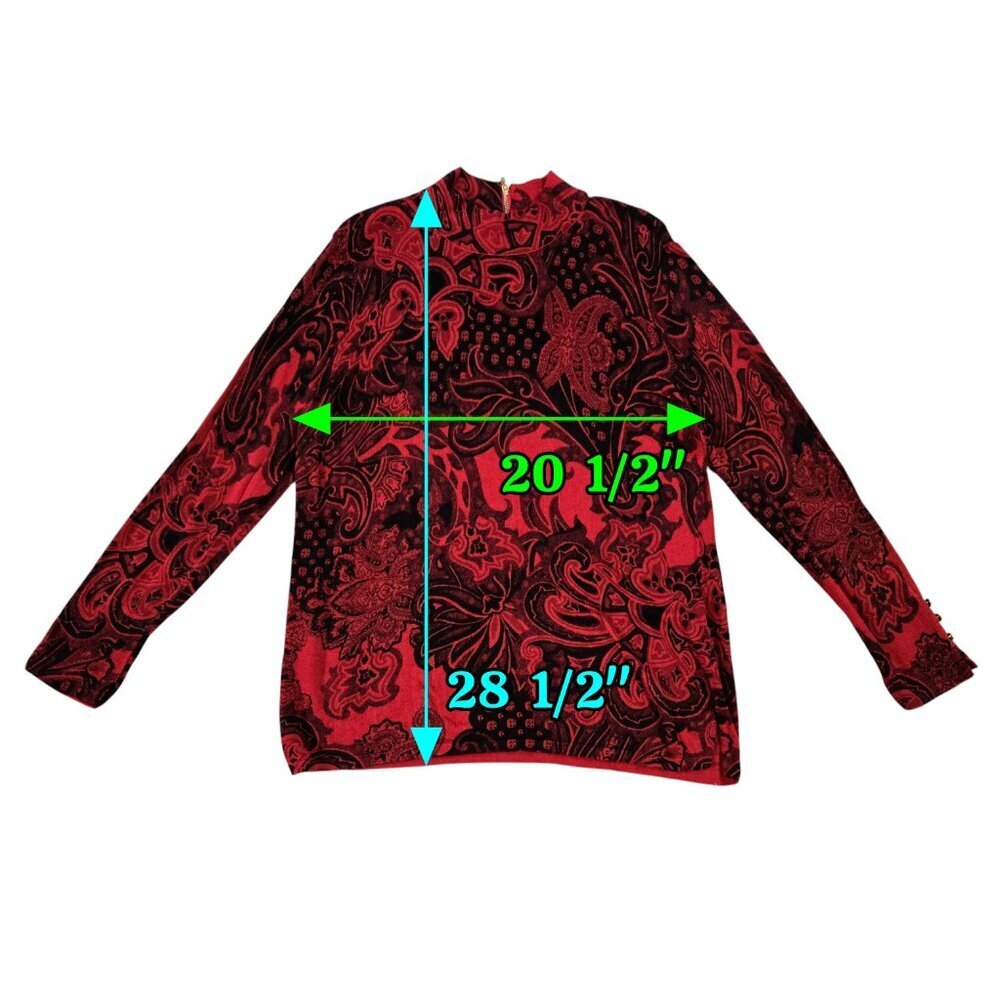Chico's Red Black Floral Paisley Mock Neck Back Zip Lightweight Sweater Boho - Picture 3 of 9